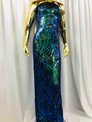 Iridescent - Blue/Green - 4 Way Stretch Sequins Damask Pattern Fabric  - Sold By The Yard