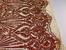 Iridescent - Orange Nude - 4 Way Stretch Sequins Damask Pattern Fabric By Yard