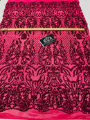 4 Way Stretch Fabric - Fuschia - Sequins Design on Spandex Mesh Fashion Fabric