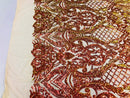 Iridescent - Orange Nude - 4 Way Stretch Sequins Damask Pattern Fabric By Yard