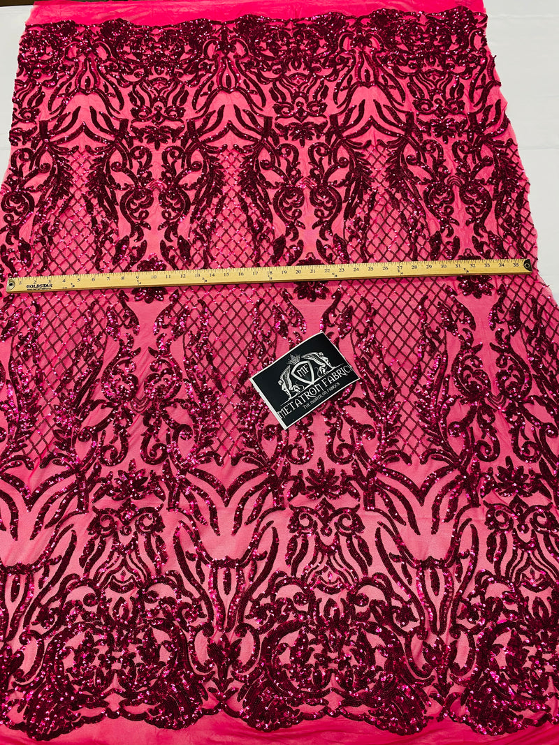 4 Way Stretch Fabric - Fuschia - Sequins Design on Spandex Mesh Fashion Fabric