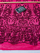 4 Way Stretch Fabric - Fuschia - Sequins Design on Spandex Mesh Fashion Fabric