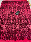 4 Way Stretch Fabric - Fuschia - Sequins Design on Spandex Mesh Fashion Fabric