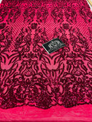 4 Way Stretch Fabric - Fuschia - Sequins Design on Spandex Mesh Fashion Fabric