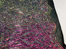 Iridescent - Magenta Rainbow - 4 Way Stretch Sequins Damask Pattern Fabric  - Sold By The Yard