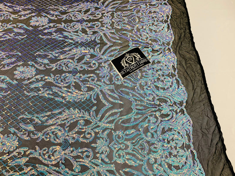 4 Way Stretch Fabric - Iridescent Aqua - Sequins Design on BLACK Spandex Mesh Fashion Fabric