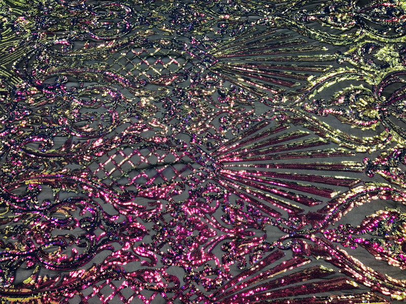 Iridescent - Magenta Rainbow - 4 Way Stretch Sequins Damask Pattern Fabric  - Sold By The Yard