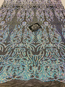 4 Way Stretch Fabric - Iridescent Aqua - Sequins Design on BLACK Spandex Mesh Fashion Fabric