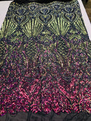Iridescent - Magenta Rainbow - 4 Way Stretch Sequins Damask Pattern Fabric  - Sold By The Yard