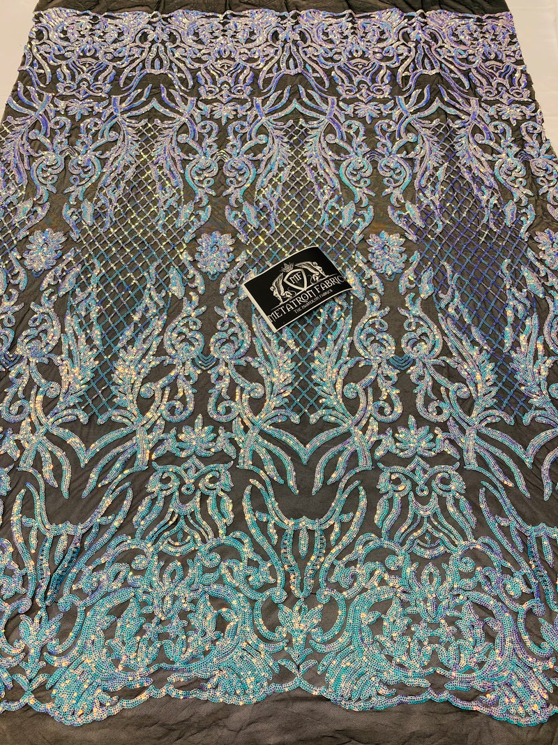 4 Way Stretch Fabric - Iridescent Aqua - Sequins Design on BLACK Spandex Mesh Fashion Fabric
