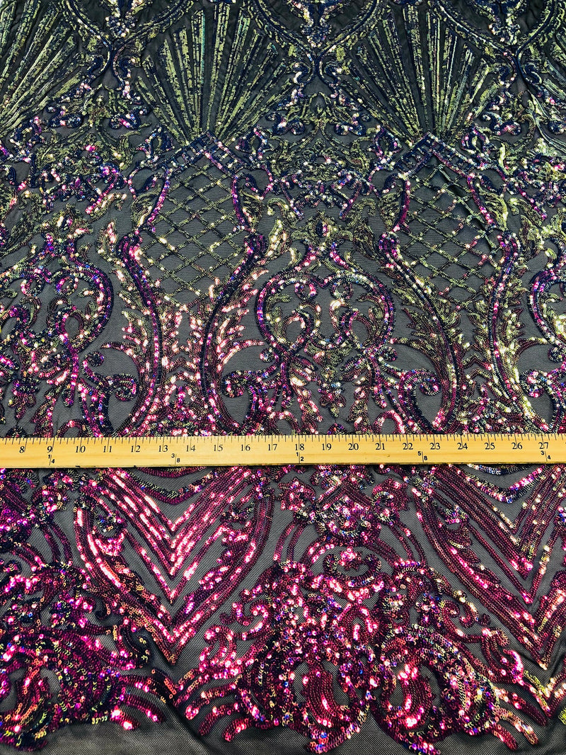 Iridescent - Magenta Rainbow - 4 Way Stretch Sequins Damask Pattern Fabric  - Sold By The Yard