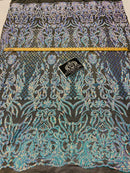 4 Way Stretch Fabric - Iridescent Aqua - Sequins Design on BLACK Spandex Mesh Fashion Fabric