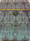 4 Way Stretch Fabric - Iridescent Aqua - Sequins Design on BLACK Spandex Mesh Fashion Fabric