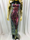 Iridescent - Magenta Rainbow - 4 Way Stretch Sequins Damask Pattern Fabric  - Sold By The Yard