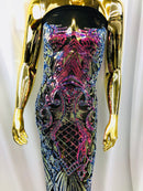 Iridescent - Magenta Rainbow - 4 Way Stretch Sequins Damask Pattern Fabric  - Sold By The Yard