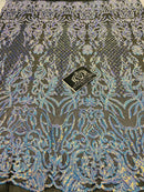 4 Way Stretch Fabric - Iridescent Aqua - Sequins Design on BLACK Spandex Mesh Fashion Fabric