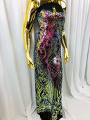 Iridescent - Magenta Rainbow - 4 Way Stretch Sequins Damask Pattern Fabric  - Sold By The Yard