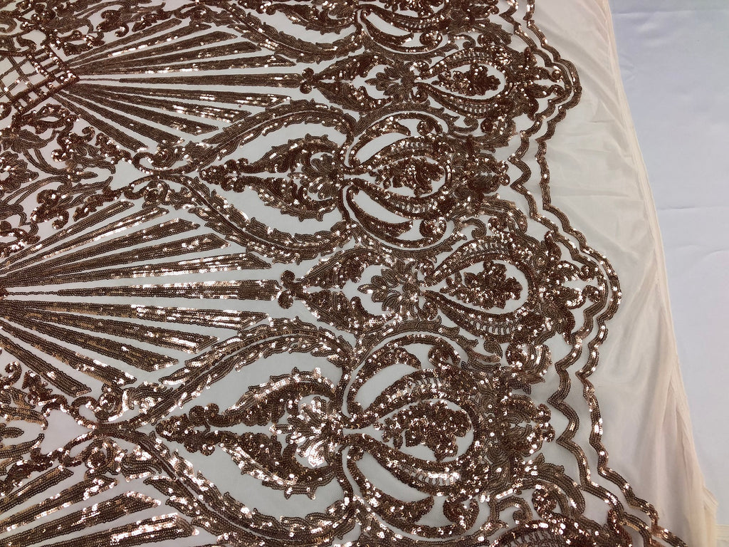 Iridescent - Rose Gold - 4 Way Stretch Sequins Damask Pattern Fabric