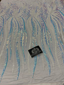 Two Tone - Iridescent Aqua / White - Phoenix Sequins Design on Spandex Mesh Trendy Fabric