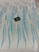 Two Tone - Iridescent Aqua / White - Phoenix Sequins Design on Spandex Mesh Trendy Fabric