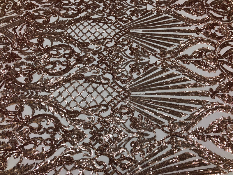 Iridescent - Rose Gold - 4 Way Stretch Sequins Damask Pattern Fabric  - Sold By The Yard