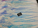 Two Tone - Iridescent Aqua / White - Phoenix Sequins Design on Spandex Mesh Trendy Fabric