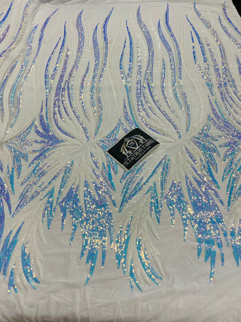 Two Tone - Iridescent Aqua / White - Phoenix Sequins Design on Spandex Mesh Trendy Fabric