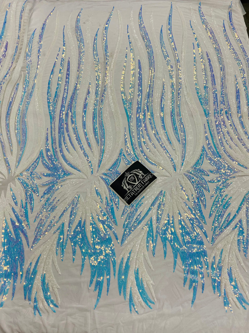 Two Tone - Iridescent Aqua / White - Phoenix Sequins Design on Spandex Mesh Trendy Fabric