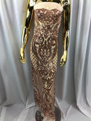 Iridescent - Rose Gold - 4 Way Stretch Sequins Damask Pattern Fabric  - Sold By The Yard