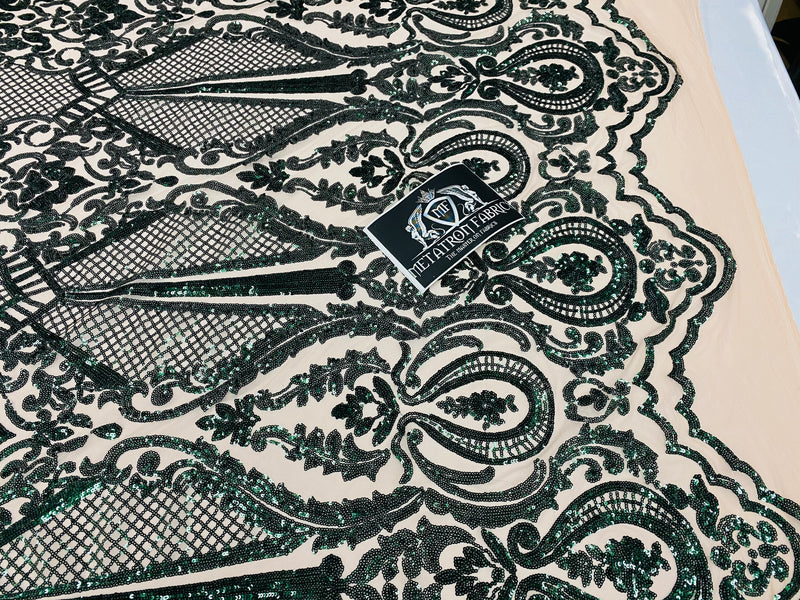 4 Way Stretch Fabric - Hunter Green - Damask Sequins Vintage Design on Nude Spandex Mesh Trend Fabric