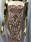 Iridescent - Rose Gold - 4 Way Stretch Sequins Damask Pattern Fabric  - Sold By The Yard