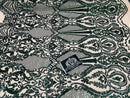4 Way Stretch Fabric - Hunter Green - Damask Sequins Vintage Design on Nude Spandex Mesh Trend Fabric