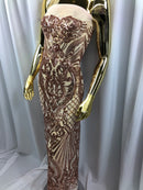 Iridescent - Rose Gold - 4 Way Stretch Sequins Damask Pattern Fabric  - Sold By The Yard