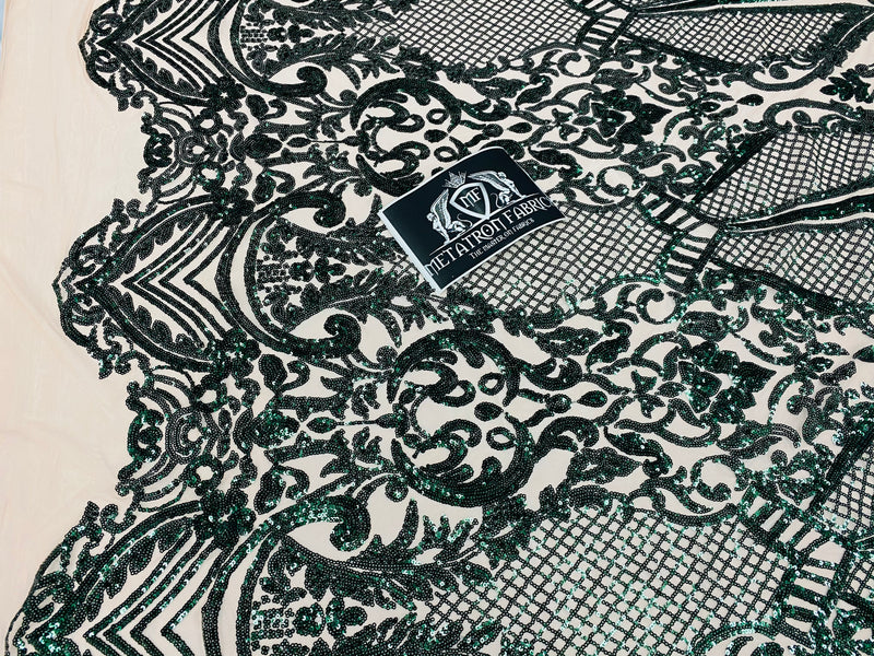 4 Way Stretch Fabric - Hunter Green - Damask Sequins Vintage Design on Nude Spandex Mesh Trend Fabric