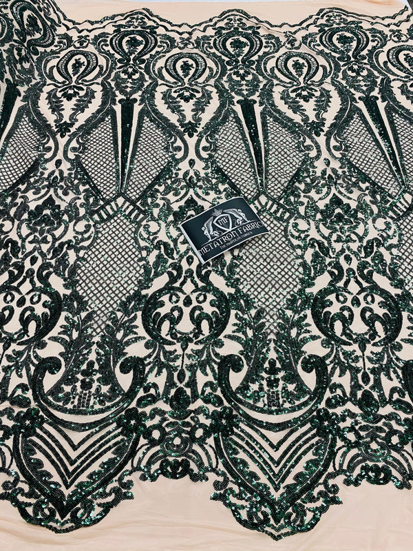 4 Way Stretch Fabric - Hunter Green - Damask Sequins Vintage Design on Nude Spandex Mesh Trend Fabric