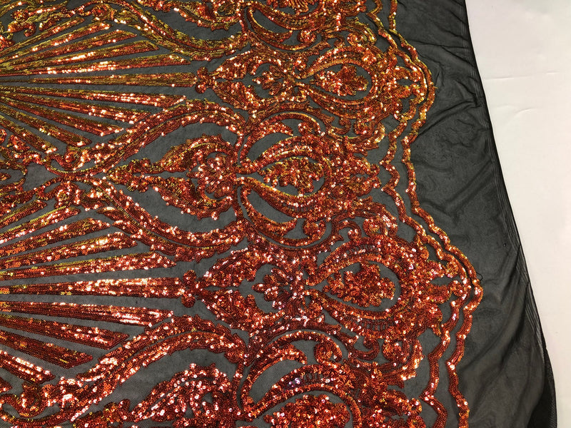 Iridescent - Orange Black Mesh - 4 Way Stretch Sequins Damask Pattern Fabric  - Sold By The Yard