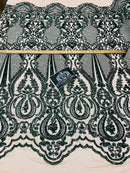 4 Way Stretch Fabric - Hunter Green - Damask Sequins Vintage Design on Nude Spandex Mesh Trend Fabric