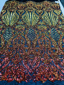 Iridescent - Orange Black Mesh - 4 Way Stretch Sequins Damask Pattern Fabric  - Sold By The Yard