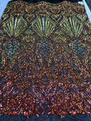 Iridescent - Orange Black Mesh - 4 Way Stretch Sequins Damask Pattern Fabric  - Sold By The Yard