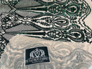 4 Way Stretch Fabric - Hunter Green - Damask Sequins Vintage Design on Nude Spandex Mesh Trend Fabric