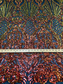 Iridescent - Orange Black Mesh - 4 Way Stretch Sequins Damask Pattern Fabric  - Sold By The Yard