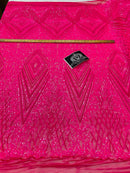4 Way Stretch Fabric - Hot Pink - Triangle Geometric Sequins Design on Spandex Mesh Fashion Fabric