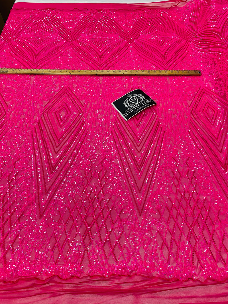4 Way Stretch Fabric - Hot Pink - Triangle Geometric Sequins Design on Spandex Mesh Fashion Fabric