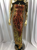 Iridescent - Orange Black Mesh - 4 Way Stretch Sequins Damask Pattern Fabric  - Sold By The Yard