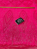 4 Way Stretch Fabric - Hot Pink - Triangle Geometric Sequins Design on Spandex Mesh Fashion Fabric