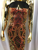 Iridescent - Orange Black Mesh - 4 Way Stretch Sequins Damask Pattern Fabric  - Sold By The Yard