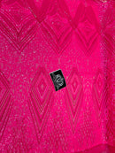 4 Way Stretch Fabric - Hot Pink - Triangle Geometric Sequins Design on Spandex Mesh Fashion Fabric