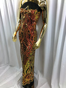 Iridescent - Orange Black Mesh - 4 Way Stretch Sequins Damask Pattern Fabric  - Sold By The Yard
