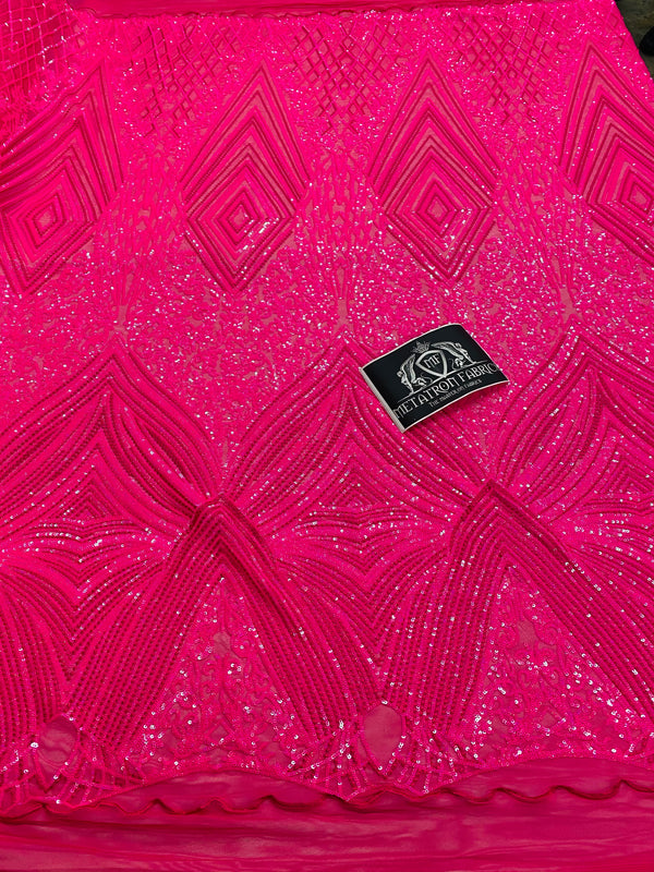 4 Way Stretch Fabric - Hot Pink - Triangle Geometric Sequins Design on Spandex Mesh Fashion Fabric