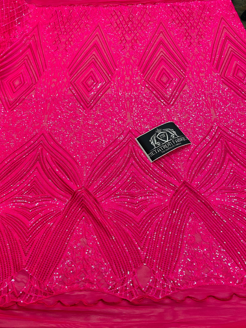 4 Way Stretch Fabric - Hot Pink - Triangle Geometric Sequins Design on Spandex Mesh Fashion Fabric